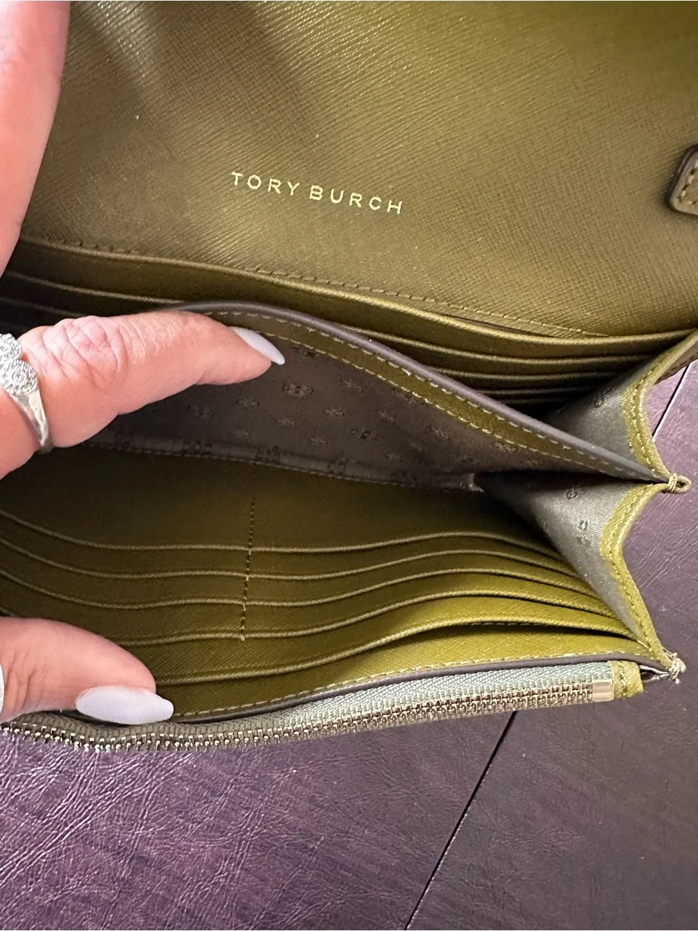 Tory Burch Olive Green Leather Compact Wallet with Gold Logo